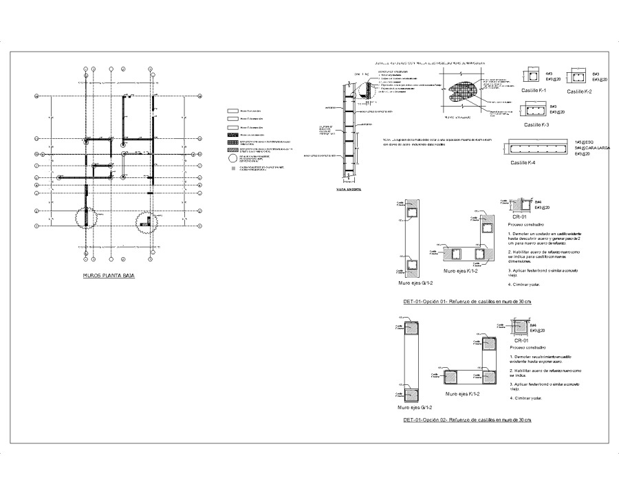 Plano Estructural Distribución de muros de mampostería y detalles.