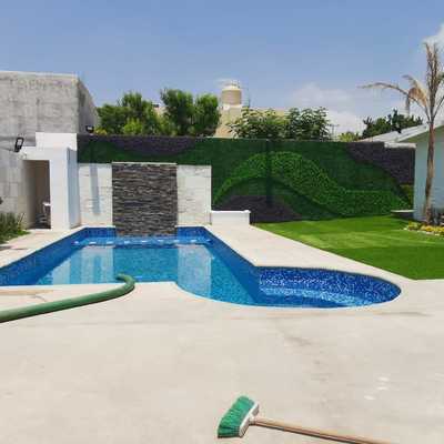 ALBERCA CON JACUSSY,CHAPOTEADERO, REGADERA, MURO LLORON.